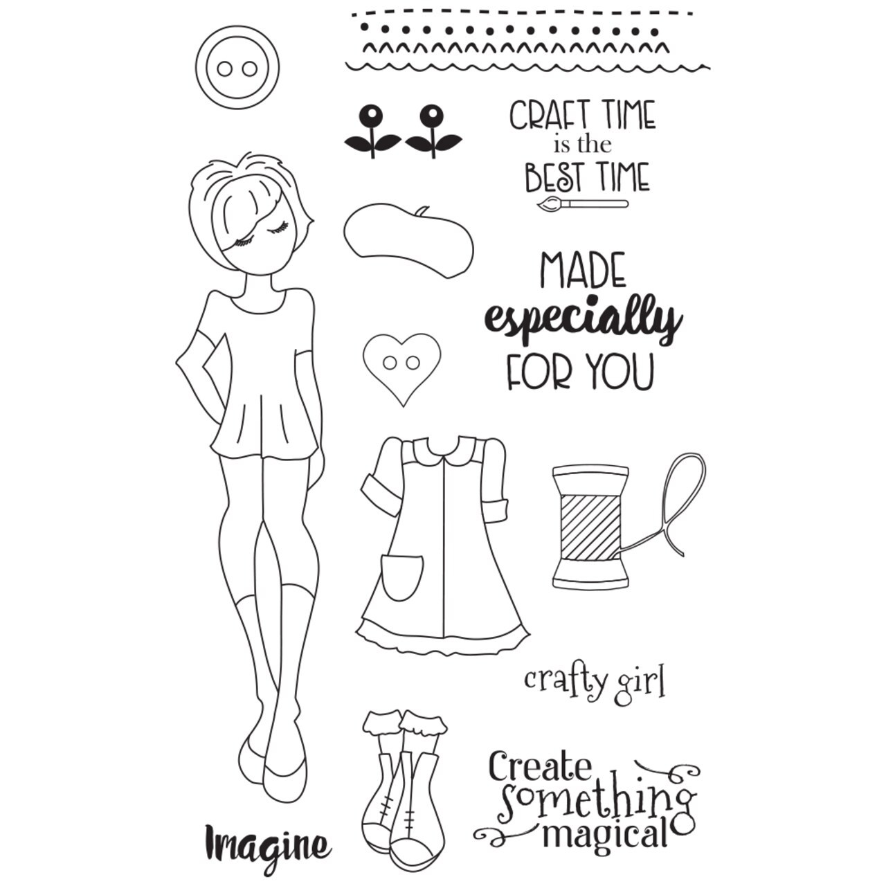 Julie Nutting Doll Stamp - Mindy - 8"x5.25" sheet size, total 14 pcs